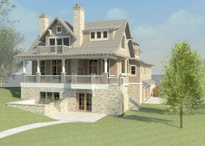 digital render of three floor cream brick brick lake home