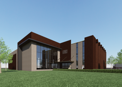 Digital render of Conrad Schmitt Studios cream brick and brown metal building with full height windows.