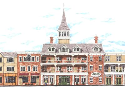 a detailed rendering in loose marker style of the Delafield Square buildings.