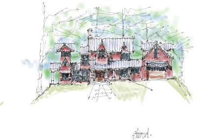 High transparent of a digital version of hand rendering of a red two story house with larger garage