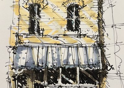 Marker rendering of yellow brick and blue canopied building