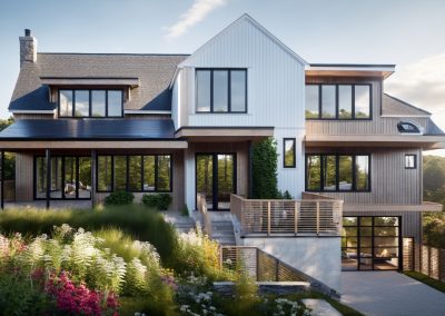 hyper realistic render, cape cod, contemporary design with big windows, summer, ((Architecture)), flowers, forest, lush, ((architecture)), beautiful, vibe, pristine Negative prompt: sketch, line drawing, lowres, ((watermark)), flat colors, ((ugly)), blurry, boring, bad art, oversaturated, 3d render, cartoon, grain, low-res, kitsch, weird colors, gross, computer rendering