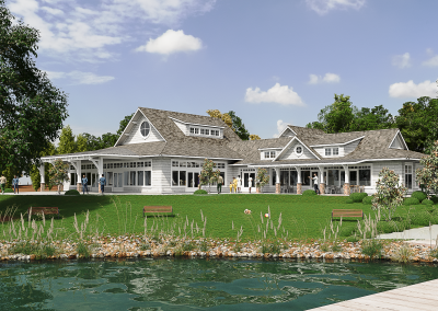 rear exterior render of community building with lake view