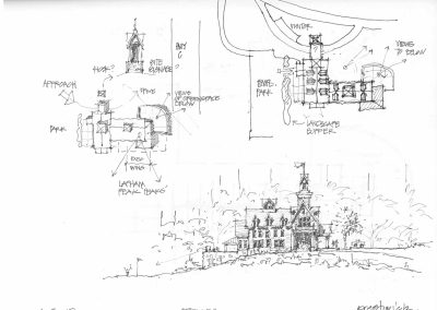 pen and paper hand drawing rendering of exterior, interior rooms and overall layout