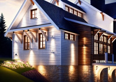 hyper realistic render, crisp image, farm house design, rustic timber building, night scene, soft interior lights, grass lawn, ((Architecture)), flowers, forest, lush, ((architecture)), beautiful, vibe, pristine
