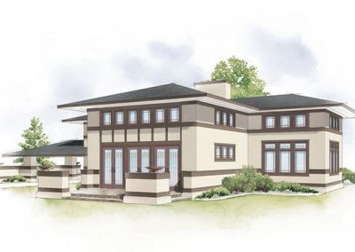Digital rendering of a tan, brown shot for our prairie house colored in the watercolor style
