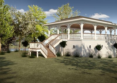 A digital rendering of Rolf's cream and pillared boathouse