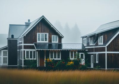 cabin in the woods with large windows, during rain, tall grass, ((Architecture)), flowers, forest, lush, misty, fog, ((architecture)), beautiful, vibe, pristine Negative prompt: sketch, line drawing,w