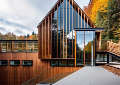 entry way shot of super modern wood, steel and glass home in the fall
